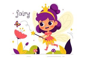Whimsical Fairy in Flight with Elf and Nature Elements in Flat Kids Style vector