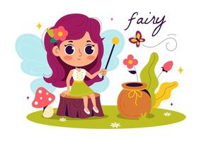 Magical Elf and Fairy with Tree and Grass in Flat Cartoon Style vector