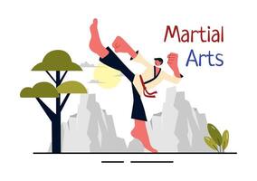 Illustration of Martial Arts Athlete Practicing Kicking Techniques in a Karate Training Scene vector