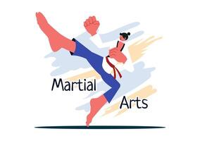 Karate Fighter Illustration with a Martial Artist Performing High Kick in Combat Poses on a Flat Background vector