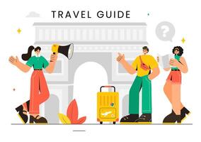 Travel Itinerary Illustration of a Guide Showing Scenic Spots to Tourists in a Flat Cartoon Background vector