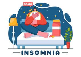 Insomnia Illustration of Young Adults Unable to Sleep, Lying Awake with Open Eyes and Contemplative Expressions in a Bedroom Scene vector