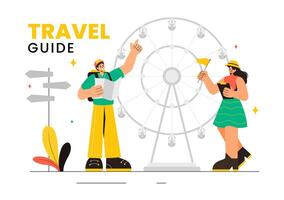 Adventure Tour Illustration with a Group of Tourists Visiting Famous Places in a Flat Style vector