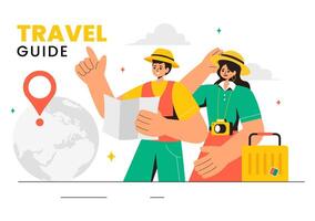 Vacation Planning Illustration Featuring a Tour Guide and Tourists Exploring Destinations in a Flat Cartoon Background vector
