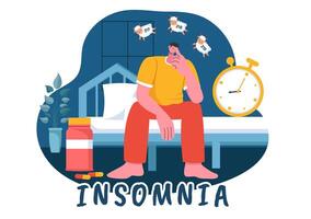 Illustration of Insomnia Depicting Youth Struggling to Sleep, Lying in Bed with Eyes Wide Open and Deep Thoughts in a Flat Cartoon Background vector