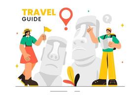 Travel Agency Illustration Depicting a Tour Guide and Tourists Exploring Attractions in a Flat Cartoon Background vector