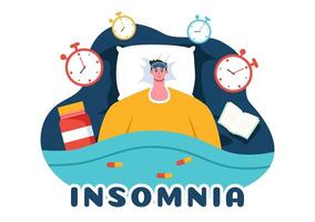 Young Adults with Insomnia Illustration Featuring Them Lying Awake in Bed, Thinking Deeply at Night with Eyes Open in a Cartoon Style vector