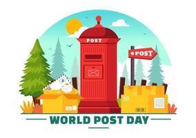 World Post Day on October 9 Featuring Red Mailbox and Mail in Flat Cartoon Style vector