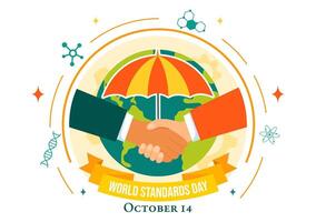 October 14 World Standards Day with Globe, Stopwatch, and Quality Symbols in Flat Style vector