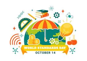 World Standards Day Featuring Globe, Stopwatch, and Measurement Symbols in Flat Style vector