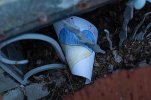 War in Ukraine. Damaged residential buildings. devastation in the yard. photo