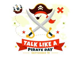 Illustration for International Talk Like a Pirate Day with Cheerful Pirate Characters and Engaging Decorative Elements in a Flat Cartoon Style vector