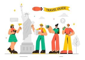 Tourist Group Illustration Led by a Travel Guide to Explore Notable Sites in a Flat Cartoon Background vector