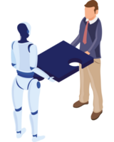 A robot holding a piece of paper with a man standing next to it png