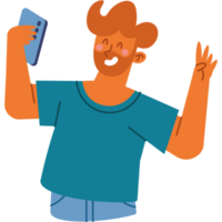 A man holding up his phone and smiling png