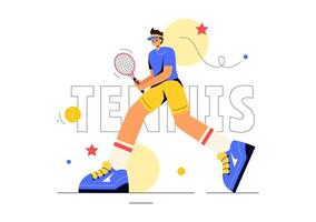 Cartoon Style Illustration of a Tennis Player in Action with Racket and Ball on the Court vector
