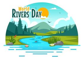 Flat Cartoon Illustration of a River Landscape Enclosed by Mountains, Fields, and Forests vector