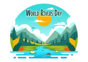 Illustration of a River with Surrounding Green Fields, Mountains, and Trees in a Colorful Flat Cartoon Design vector