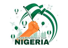 Flat Cartoon Background of Nigeria Independence Day with Waving Flag and Fighters on October 1st vector