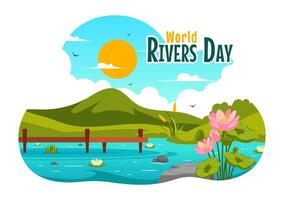 Illustration of a Riverine Landscape with Scenic Mountains, Greenery, and Forests in a Playful Cartoon Style vector