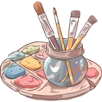 Paint brushes and paint in a jar with a tray png