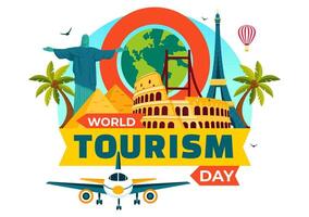World Travel Day Illustration with a Globe Surrounded by Iconic Landmarks and Monuments in a Cartoon Background vector