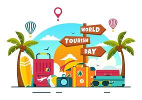 Global Landmark Exploration Illustration Featuring World Monuments and a Globe in a Cartoon Style vector