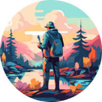 A man in a backpack stands in front of a lake png