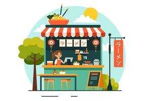 Japanese Ramen Meal Illustration with Noodles, Soup, and Toppings in Flat Style vector