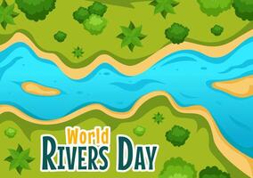 Illustration of a Tranquil River Scene with Majestic Mountains, Lush Fields, and Forested Areas in a Cartoon Style Background vector
