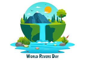 Illustration of a Calm River Landscape with Stunning Mountain Views, Expansive Fields, and Trees in a Flat Cartoon Background vector
