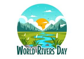 Artwork of a Peaceful River Valley Featuring Mountain Peaks, Green Fields, and Forests in a Cartoonish Flat Style vector