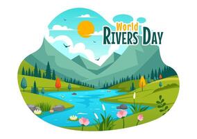 Illustration of a Picturesque River with Surrounding Mountains, Verdant Fields, Trees, and Forests in a Flat Cartoon Background vector