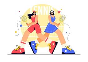 Illustration of a Tennis Player Swinging a Racket with a Ball on the Court in Flat Cartoon Style vector