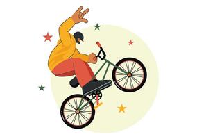 BMX Bicycle Sport Illustration of a Rider Executing Jaw-Dropping Tricks in a Flat Cartoon Setting vector