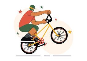BMX Bicycle Art Depicting a Performer Doing Extreme Jumps in a Fun Flat Style Background vector