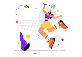 Badminton Competition Illustration Featuring a Player with Racket and Shuttlecock on the Court in Flat Style vector