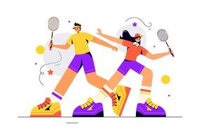 Illustration of a Badminton Game Featuring a Player Hitting a Shuttlecock on the Court with a Flat Background vector