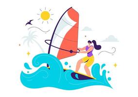 Flat Style Illustration of Windsurfing, Featuring an Individual on a Board Holding the Sail in an Adventurous Water Sport vector