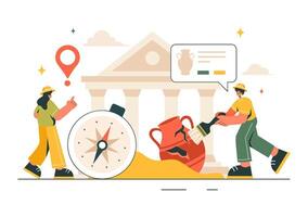 Excavation of Ancient Ruins Illustration Depicting Archaeologists and Artifacts in a Cartoon Background vector