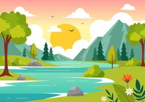 Illustration of a Tranquil River Scene with Majestic Mountains, Vibrant Green Fields, and Lush Trees in a Flat Cartoon Background vector