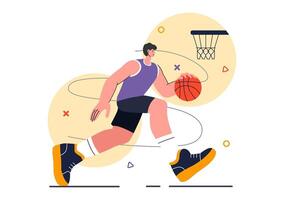 Illustration of a Young Basketball Player Having Fun on a Tournament Court, Dressed in Uniform with a Flat Design Background vector