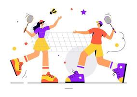 Illustration of a Badminton Match in Action with a Player Serving on the Court Against a Flat Background vector