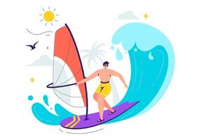 Dynamic Illustration of Windsurfing, Showcasing a Person Standing on a Board, Holding the Sail Amidst Waves in a Cartoon Background vector