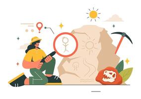 Excavation of Ancient Artifacts Illustration Featuring Ruins and Dinosaur Fossils in a Flat Cartoon Setting vector