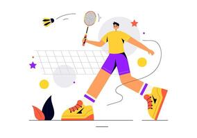 Badminton Player Illustration in Motion with Racket and Shuttlecock on the Court in a Flat Design vector