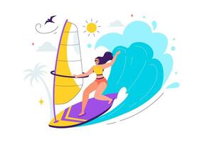 Illustration of a Windsurfing Enthusiast on a Sailing Board, Skillfully Managing the Sail in a Fun Cartoon Setting vector