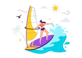 Flat Cartoon Style Illustration of a Windsurfer Balancing on a Sailing Board, Handling the Sail in an Exciting Water Sport Background vector