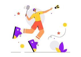 Illustration of a Badminton Player Making a Play with Shuttlecock on the Court in a Simple Flat Background vector