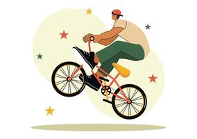 Artwork of a BMX Cyclist Performing Amazing Tricks in a Flat Style Cartoon Background vector